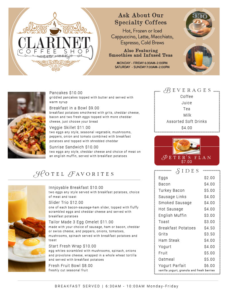 Clarinet Bistreaux Breakfast Menu Page 1