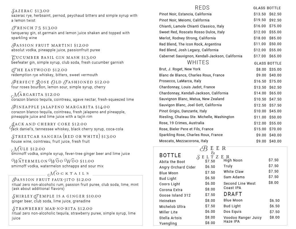 Clarinet Bistreaux Cocktail Menu