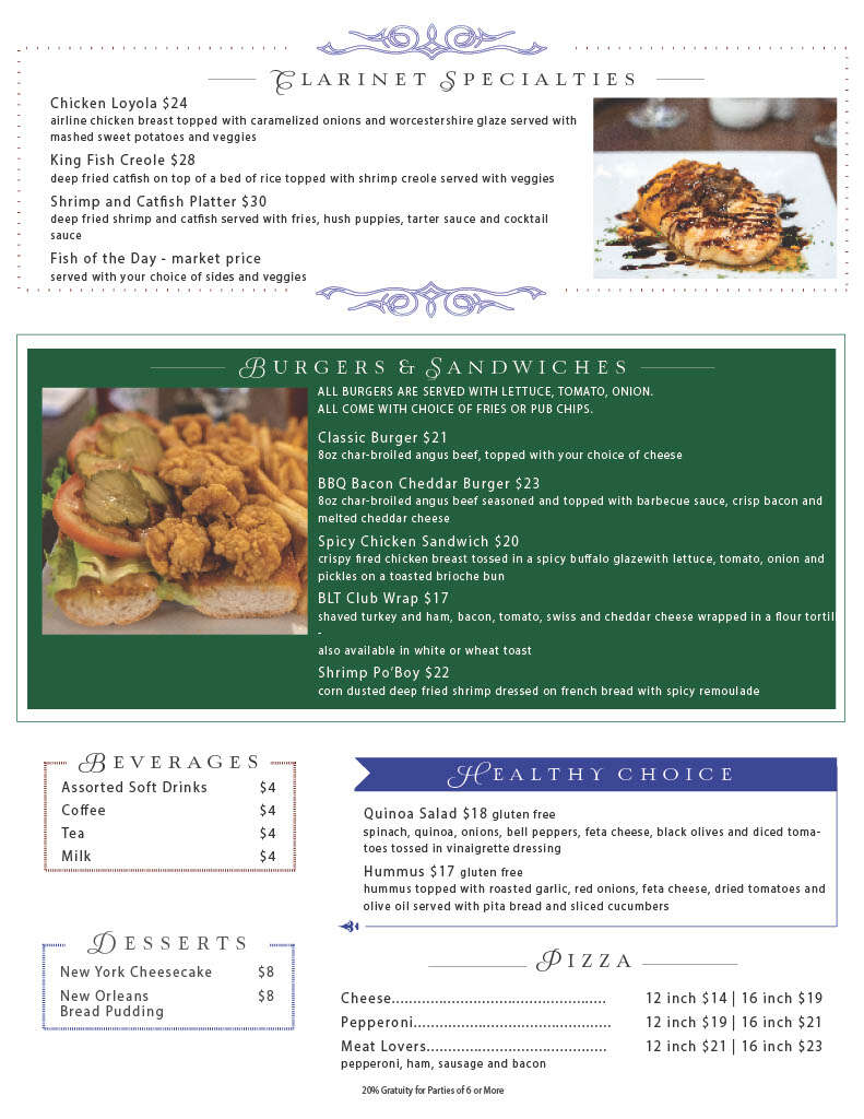 Clarinet Bistreaux Dinner Menu Page 1